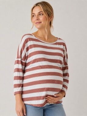 Hatch Maternity Linen Strip Top in Dusty Rose and Ivory Stripes